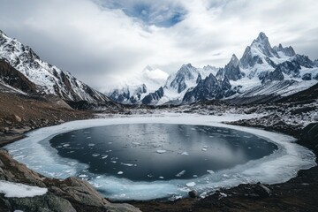 Frozen lake, snowy mountains, winter landscape, travel photography