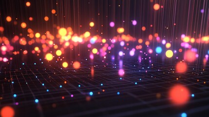 Obraz premium Abstract digital backdrop with colorful bokeh lights on dark grid with particle trails