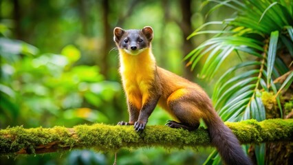 A full-body shot of a Yellow-throated marten perched on a low-hanging branch in a lush forest, with its tail and ears visible, surrounded by the vibrant foliage, Nepal, Yellow-throated marten