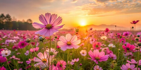 Obraz premium Cosmos flower field at sunrise, summer, flower meadow, summer, flower meadow, nature, botanical, garden