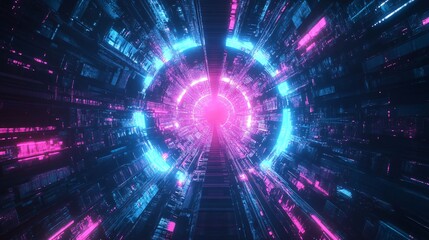 Fototapeta premium Futuristic neon tunnel, vibrant lights, digital background, virtual reality