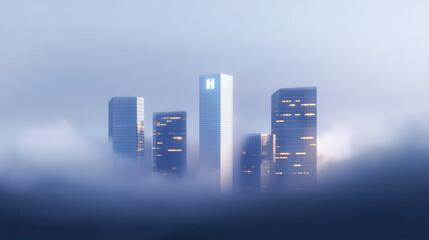 Fototapeta premium Foggy Cityscape with Illuminated Buildings