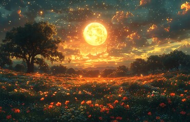Vibrant Sunset Over Flower Field with Glowing Moon and Starry Sky