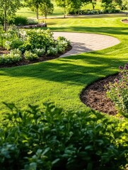 A beautifully landscaped garden featuring lush green grass, winding pathways, and colorful flower beds under a clear blue sky.