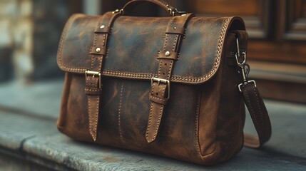 A brown leather satchel bag displayed on a stone surface