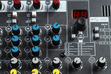 Professional mixing console, above view. Radio studio equipment