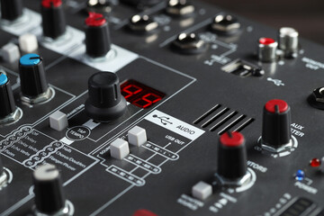Professional mixing console, closeup. Radio studio equipment