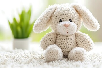 Fototapeta premium A seated white crocheted bunny plush toy near window light