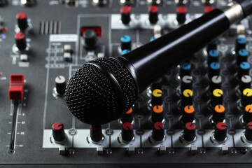 Professional mixing console with microphone, closeup. Radio studio equipment