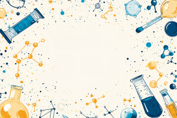 Science Themed Frame with Watercolor Molecules and Lab Equipment in Blue and Yellow for Educational Presentation