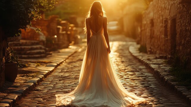 A woman in a long dress walks down a cobblestone path