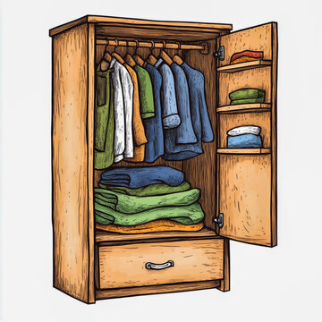 wooden wardrobe with clothes hanging clip art preview
