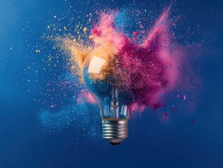 A vibrant explosion of colored powder surrounds a glowing light bulb, symbolizing creativity and innovation against a blue backdrop.