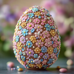 Floral Easter Egg, Pastel, Representing Spring Celebration, against a Blurry Floral Background