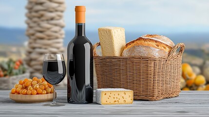 Rustic picnic scene with wine, cheese, bread, and grapes