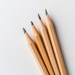 Fototapeta premium A group of five or six natural wooden pencils with sharpened pencils arranged in a fan shape. The light background emphasizes the texture of wood and graphite. 