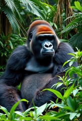 Obraz premium A large gorilla sits calmly, deep in thought, amidst lush jungle foliage, wildlife photography, green, habitat