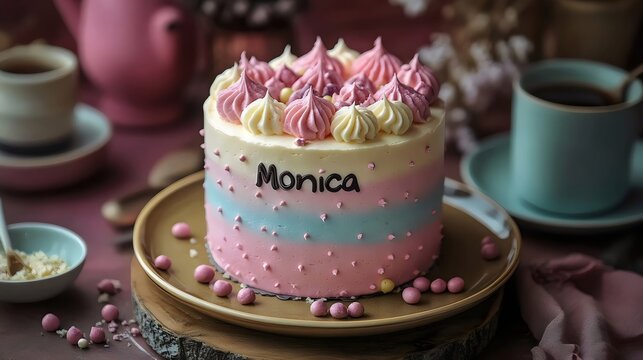 A cake with pink and blue frosting and the name Monica written on it