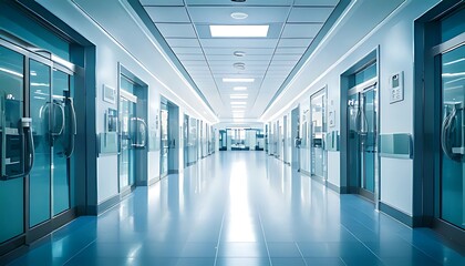 Empty Hospital Hallway with Blue Tones Leading Into Distant Light