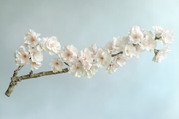 Obraz premium Delicate branch of pale pink cherry blossoms against a soft blue background.