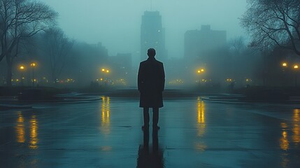 A lone figure stands facing a city in the thick dense fog