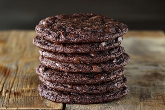 Freshly baked chocolate chip cookies stacked on rustic wooden table Generative AI