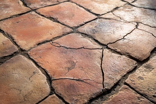 Close-up view of cracked terracotta tiles forming a weathered, rustic pavement.