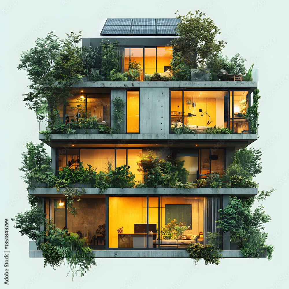 Poster modern eco-friendly building with greenery and large windows