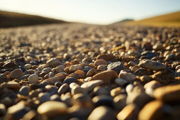 Obraz premium Sunlit pebbles and stones on a path, shallow depth of field.