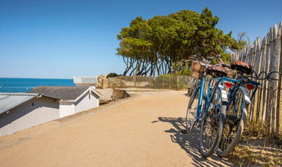Bord de mer sur le littoral de l'île de Noirmoutier en Vendée et ses vélo en France.