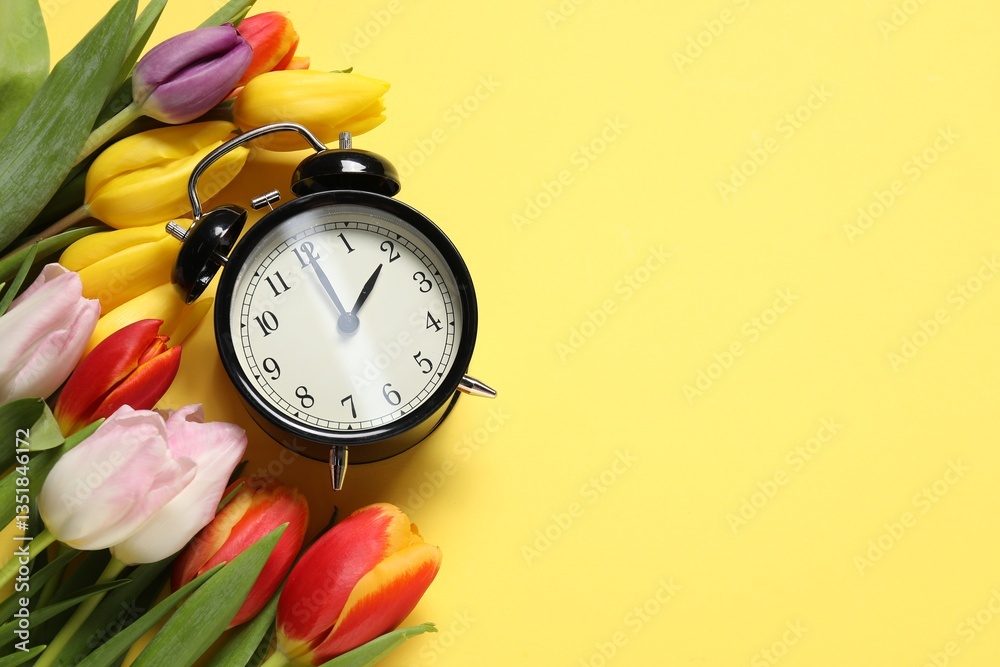 Poster spring time. alarm clock and beautiful tulips on yellow background, flat lay. space for text