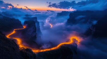 Fototapeta premium A night-time aerial shot of a mountain range, with a curving road lit by soft, warm orange and yellow light