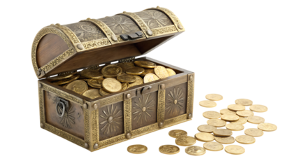 treasure chest with gold coins on white background PNG