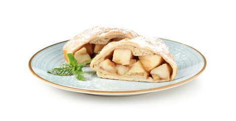 Pieces of tasty apple strudel with powdered sugar and mint isolated on white