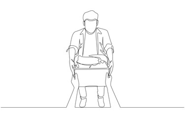 Continuous one line drawing of donor handing box of donated clothing to recipient, donation and charity concept, single line art