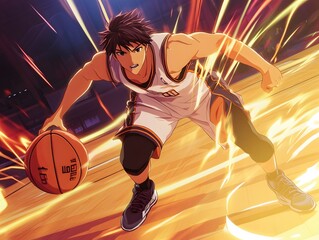 Fototapeta premium Basketball Player Dribbling with Energetic Lighting and Dynamic Action Illustration