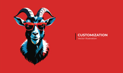 Abstract Black Goat with Red Glasses - Unique Vector Art Illustration for Trendy T-shirt and Mug Designs, Modern & Playful Goat Artwork, Stylish Animal Graphic