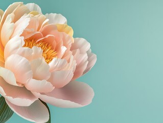 A pale peach peony with a subtle gradient of pink and yellow in the petals, set against a light teal background