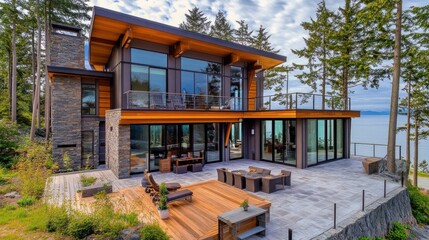 Modern Home with Outdoor Living Space Surrounded by Trees Overlooking the Ocean