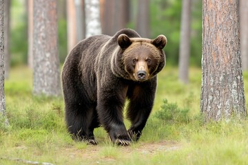 Fototapeta premium A large brown bear walking forward through a forested area