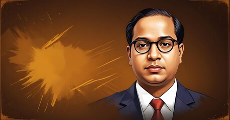  Dr. Babasaheb Bhimrao Ambedkar Jayanti 14 April Portrait, man in suit, round glasses, serious expression, Indian heritage, official painting style, orange sunburst background, leather-textured frame,