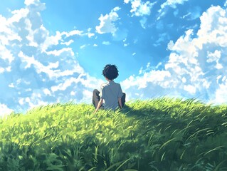 Fototapeta premium Boy Sitting on Hill Enjoying Cloudy Sky Art Anime Style