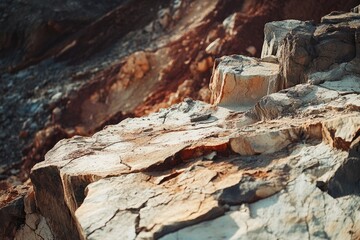 Close-up of sunlit, fractured rocks displaying various textures and earthy tones.