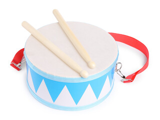 Toy drum with drumsticks isolated on white. Child's musical instrument