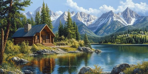 Mountain lake cabin scenic, peaceful landscape