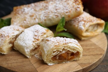 Tasty apple strudels with powdered sugar and mint on table, closeup