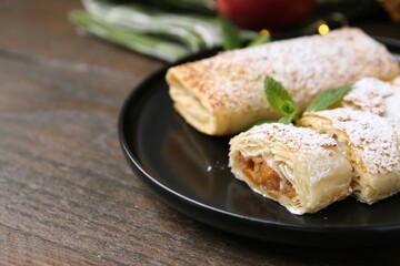 Tasty apple strudels with powdered sugar and mint on wooden table, closeup. Space for text