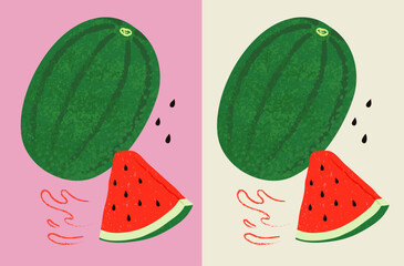 Hand-drawn vector illustration of watermelon whole and sliced