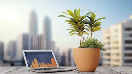 Laptop displays data chart; potted plant beside it on a desk overlooking cityscape