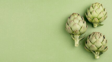 Fototapeta premium Three Fresh Artichokes on Pastel Green Background. Minimalist Organic Vegetable Concept